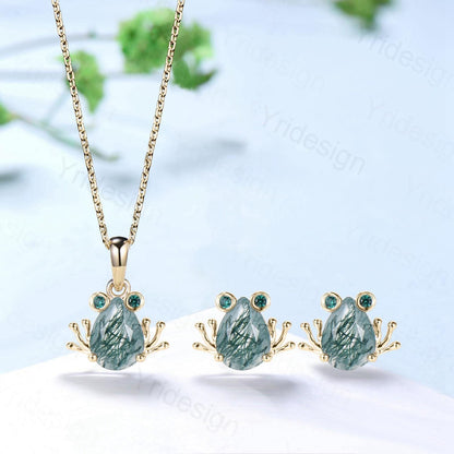 Unique Pear Shaped Natural Moss Agate Frog Necklace Animal Inspired Frog Green Agate Earring Silver Rose Gold Amphibian Jewelry Wedding Set - PENFINE