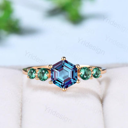 Vintage Alexandrite Engagement Ring Hexagon Cut Five Stone Promise Ring Accent Moss Agate/Emerald/Ruby/Amethyst/Opal Moonstone Bridal Ring - PENFINE