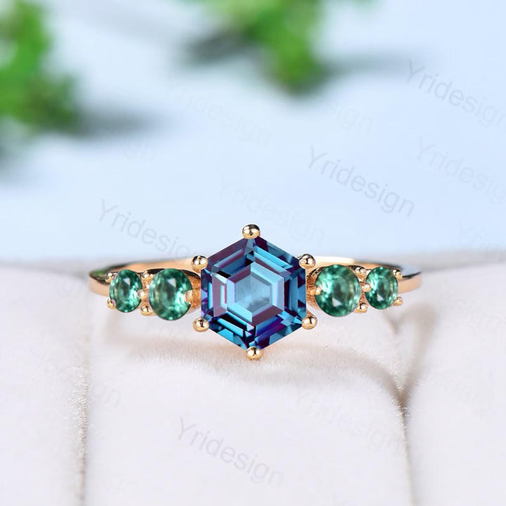 Vintage Alexandrite Engagement Ring Hexagon Cut Five Stone Promise Ring Accent Moss Agate/Emerald/Ruby/Amethyst/Opal Moonstone Bridal Ring - PENFINE