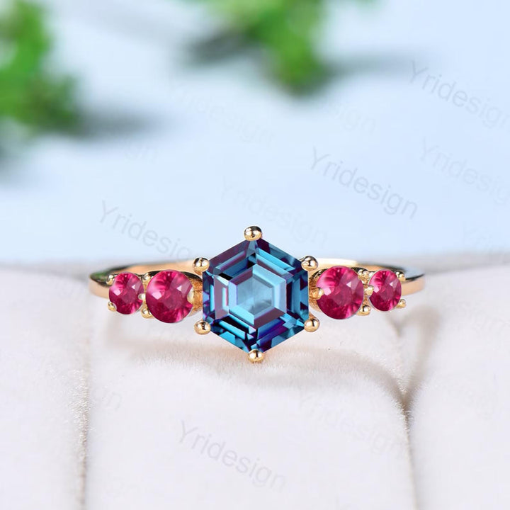 Vintage Alexandrite Engagement Ring Hexagon Cut Five Stone Promise Ring Accent Moss Agate/Emerald/Ruby/Amethyst/Opal Moonstone Bridal Ring - PENFINE