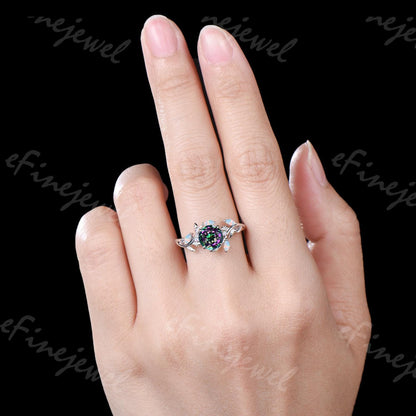 Nature Inpired Mystic Topaz Engagement Ring, Marquise Opal Twig Vine Band Wedding Band