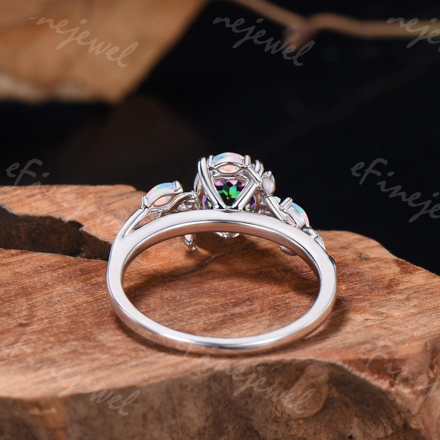 Nature Inpired Mystic Topaz Engagement Ring, Marquise Opal Twig Vine Band Wedding Band
