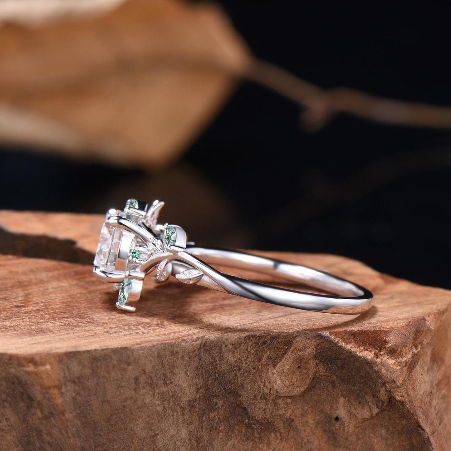 1 Carat Moissanite Nature Inspired moissanite engagement ring, Moss Agate Twig Ring: