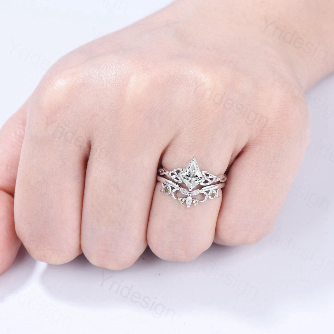 Norse Viking Kite Cut Moissanite Engagement Ring Set, Celtic Love Knot Peridot Wedding Band - PENFINE