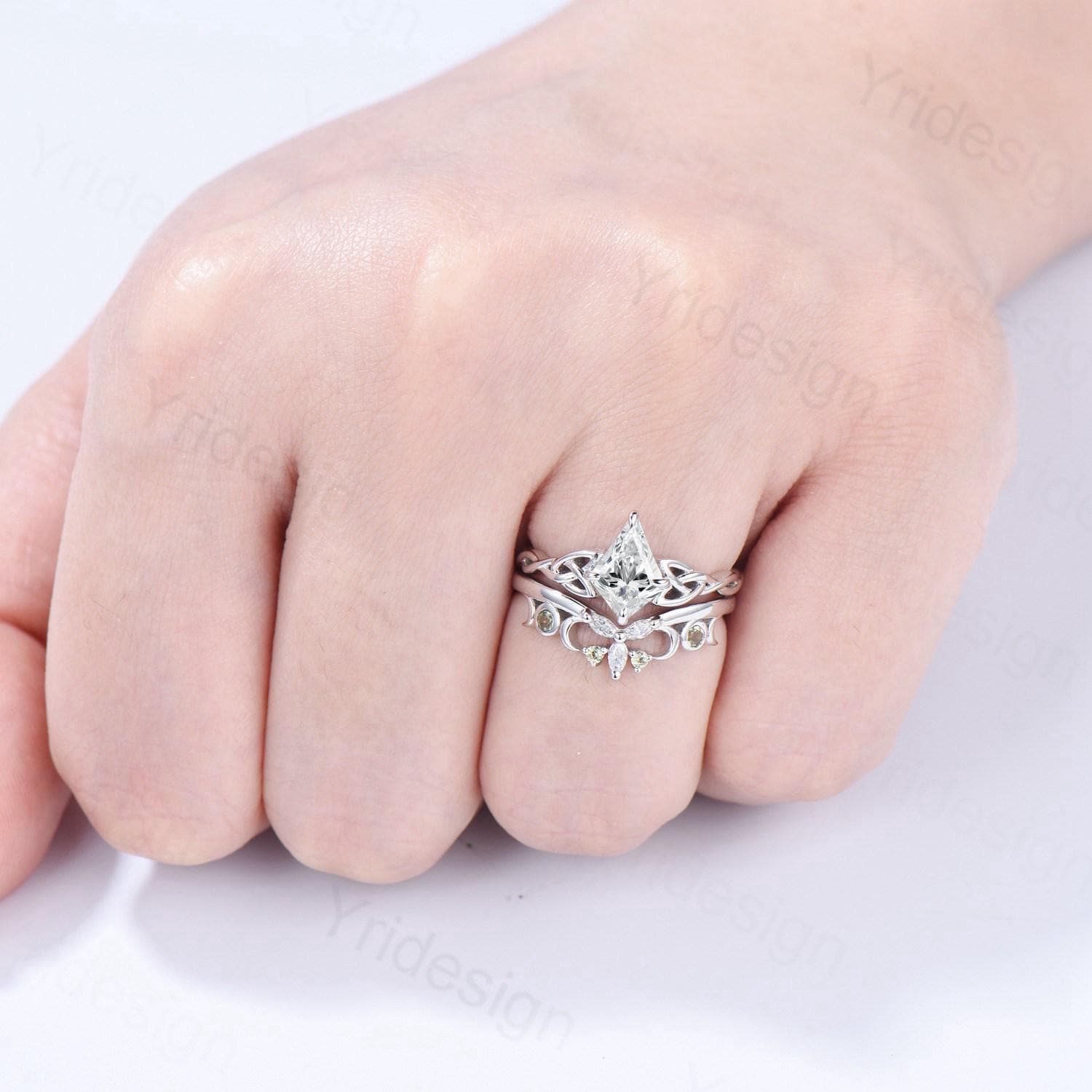 Norse Viking Kite Cut Moissanite Engagement Ring Set, Celtic Love Knot Peridot Wedding Band - PENFINE