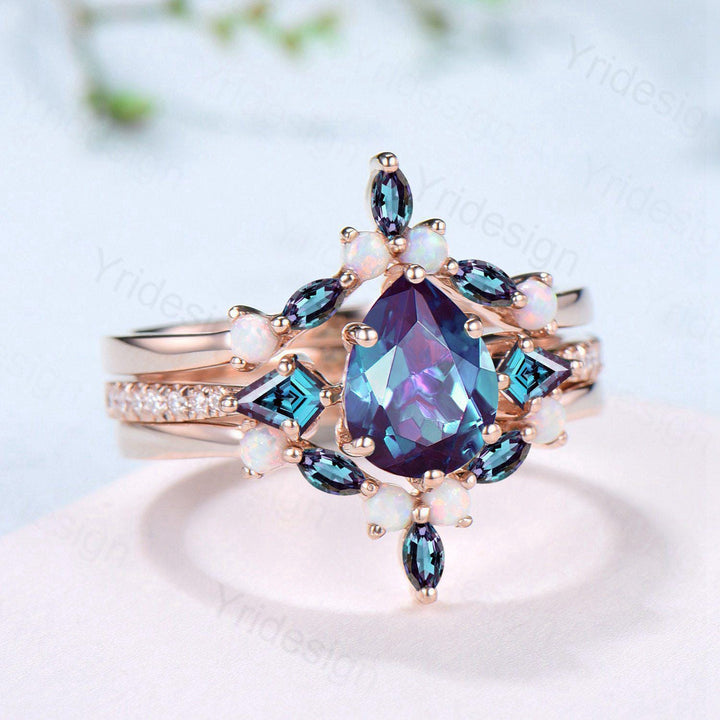 3pcs Vintage Pear Shaped Alexandrite Engagement Ring Set Kite Alexandrite Opal Wedding Set Opal Stacking Band Art Deco Rose Gold Bridal Sets - PENFINE