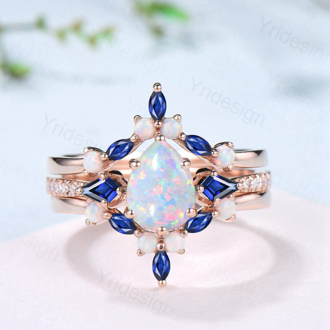 Vintage Teardrop White Opal Engagement Ring Set Kite Sapphire Opal Wedding Set Marquise Cut Stacking Band Unique 3Pcs Rose Gold Bridal Sets - PENFINE