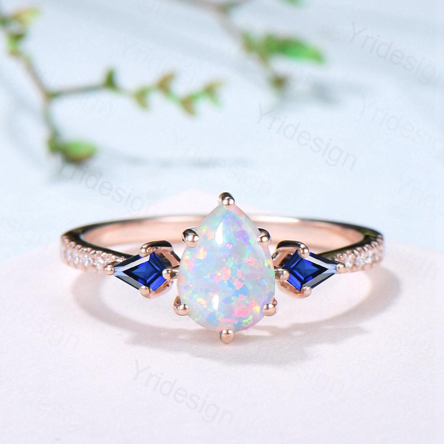 Vintage Teardrop White Opal Engagement Ring Set Kite Sapphire Opal Wedding Set Marquise Cut Stacking Band Unique 3Pcs Rose Gold Bridal Sets - PENFINE