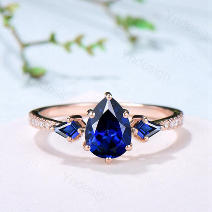 1.25 Carat Pear Shaped Blue Sapphire Engagement Ring Set Opal Retro Sapphire Wedding Set Unique Rose Gold September Birthstone Bridal Sets - PENFINE