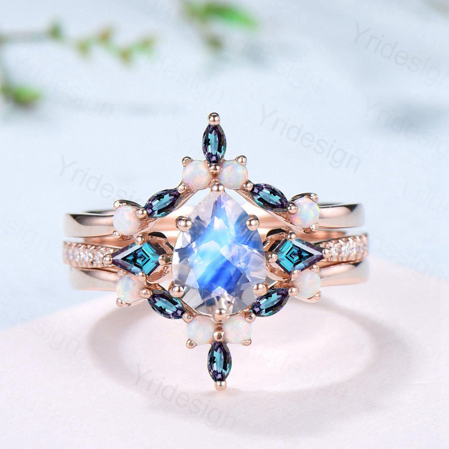 1.25 CT Pear Shaped Natural Moonstone Engagement Ring Set Kite Alexandrite Opal Wedding Set Unique 3Pcs Rose Gold June Birthstone Bridal Set - PENFINE