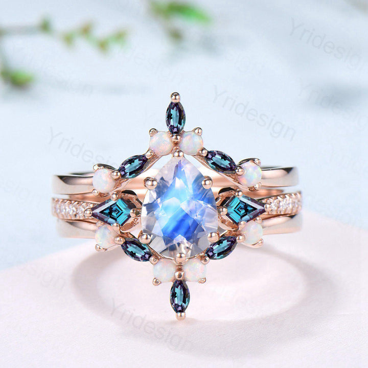 1.25 CT Pear Shaped Natural Moonstone Engagement Ring Set Kite Alexandrite Opal Wedding Set Unique 3Pcs Rose Gold June Birthstone Bridal Set - PENFINE