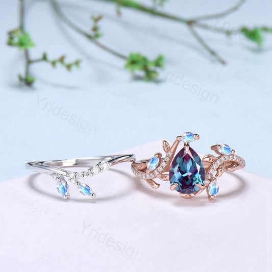 Vintage Pear Shaped Alexandrite Engagement Ring Set Nature Inspired Snake Wedding Set Moonstone Bridal Set Twig Vine June Birthstone Ring - PENFINE