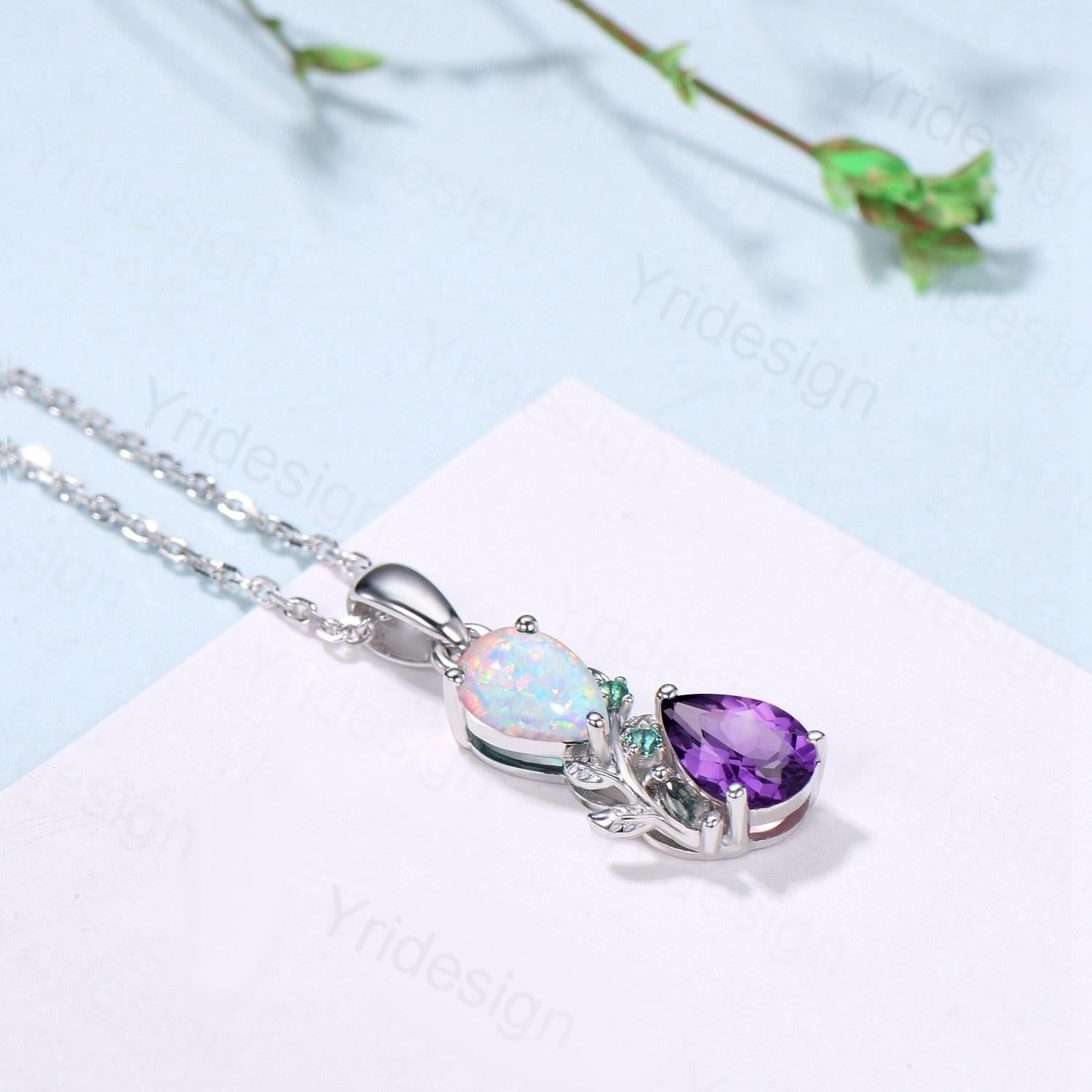 Nature Inspired Opal Amethyst Pendant Necklace Women Unique Alternative Stud Earrings Branch Snake pear shaped leaf wedding set promise gift - PENFINE