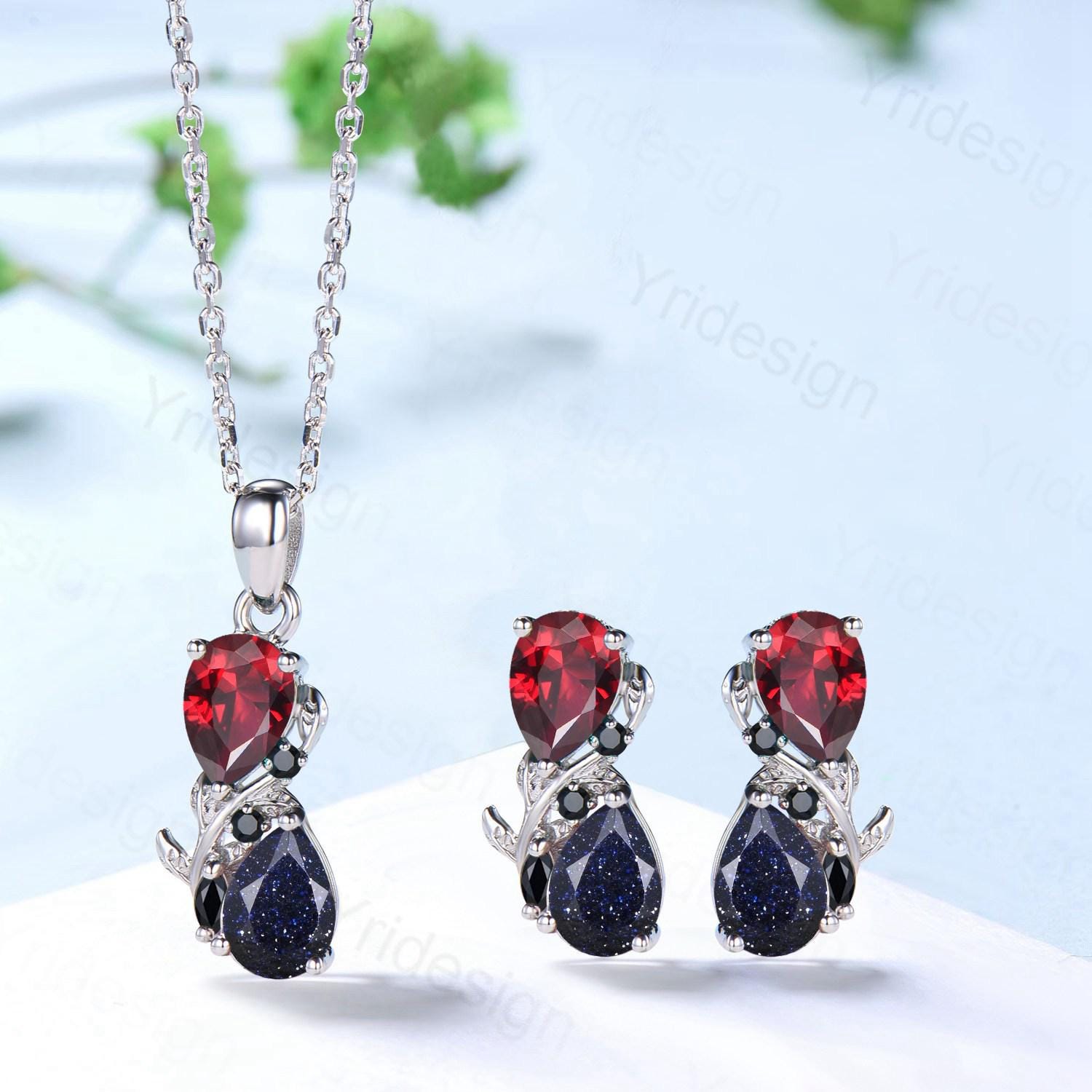 Nature Inspired Blue Sandstone Garnet Pendant Necklace Women Unique Alternative Black Onyx Stud Earrings Branch Snake pear shaped bridal set - PENFINE