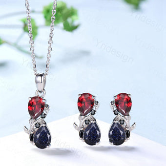 Nature Inspired Blue Sandstone Garnet Pendant Necklace Women Unique Alternative Black Onyx Stud Earrings Branch Snake pear shaped bridal set - PENFINE
