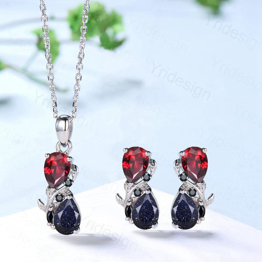 Nature Inspired Blue Sandstone Garnet Pendant Necklace Women Unique Alternative Black Onyx Stud Earrings Branch Snake pear shaped bridal set - PENFINE