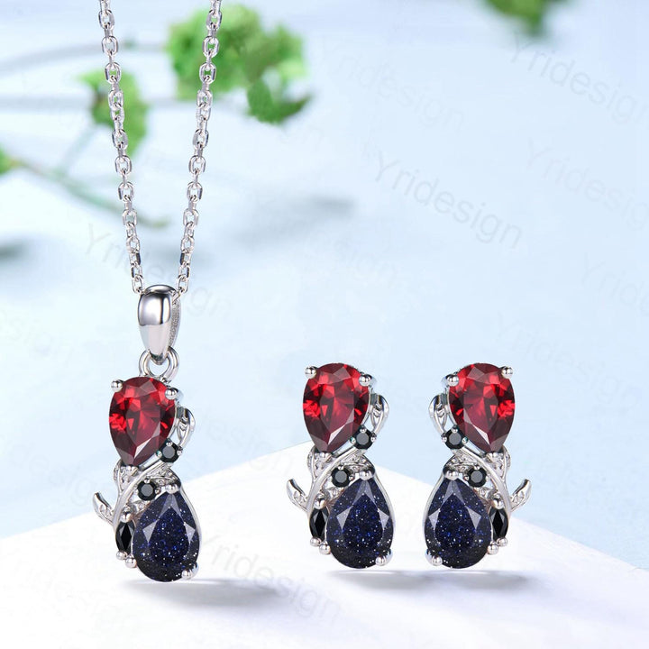 Nature Inspired Blue Sandstone Garnet Pendant Necklace Women Unique Alternative Black Onyx Stud Earrings Branch Snake pear shaped bridal set - PENFINE
