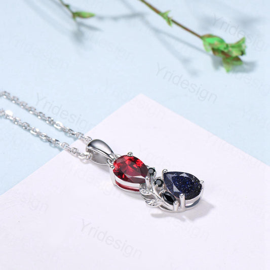 Nature Inspired Blue Sandstone Garnet Pendant Necklace Women Unique Alternative Black Onyx Stud Earrings Branch Snake pear shaped bridal set - PENFINE