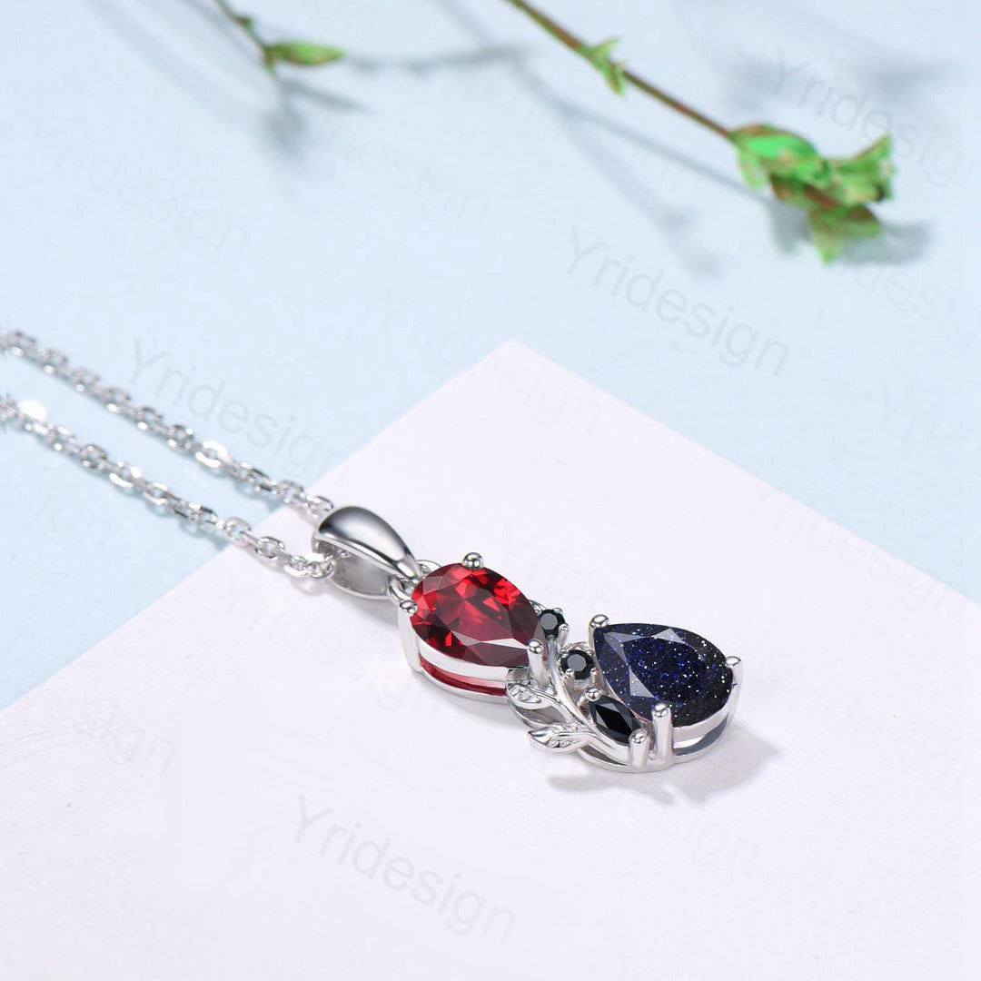 Nature Inspired Blue Sandstone Garnet Pendant Necklace Women Unique Alternative Black Onyx Stud Earrings Branch Snake pear shaped bridal set - PENFINE