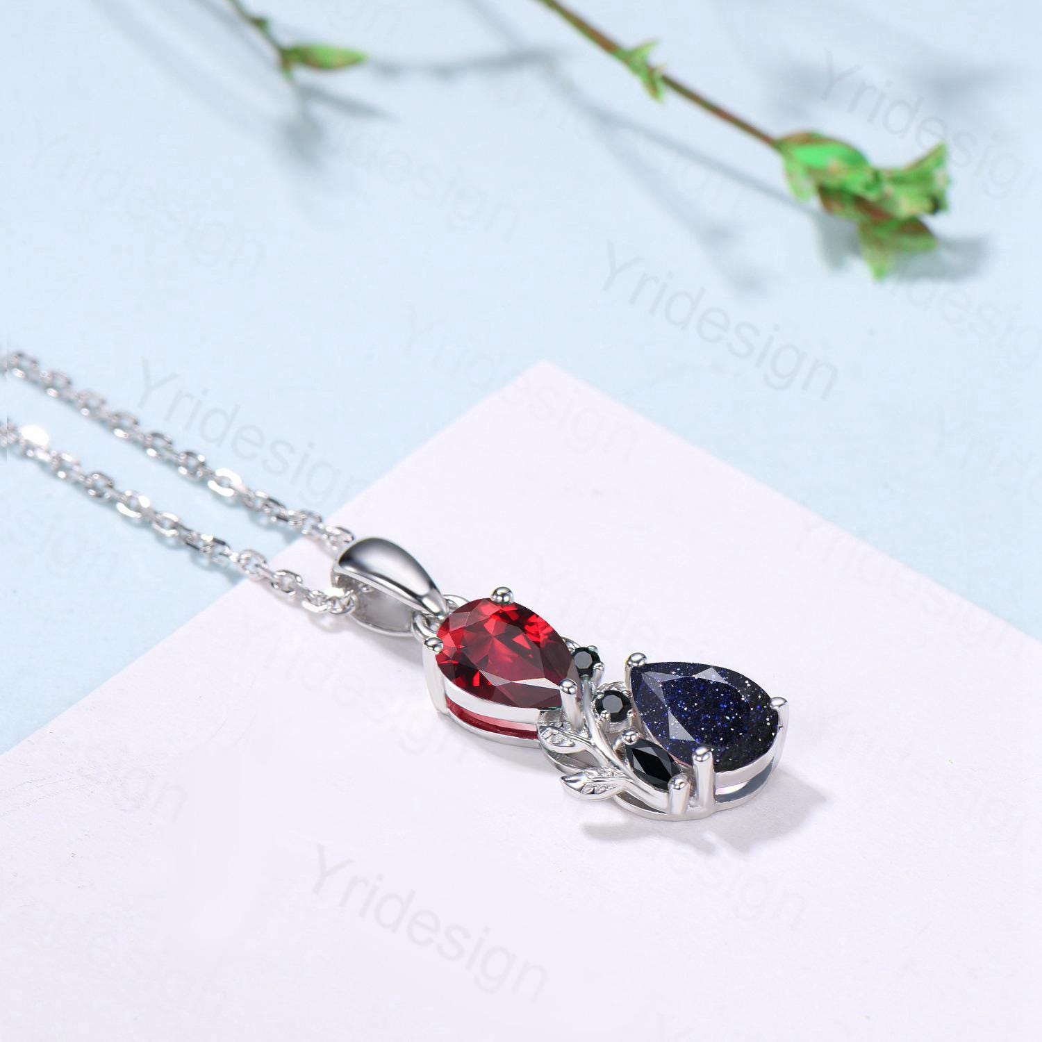 Nature Inspired Blue Sandstone Garnet Pendant Necklace Women Unique Alternative Black Onyx Stud Earrings Branch Snake pear shaped bridal set - PENFINE