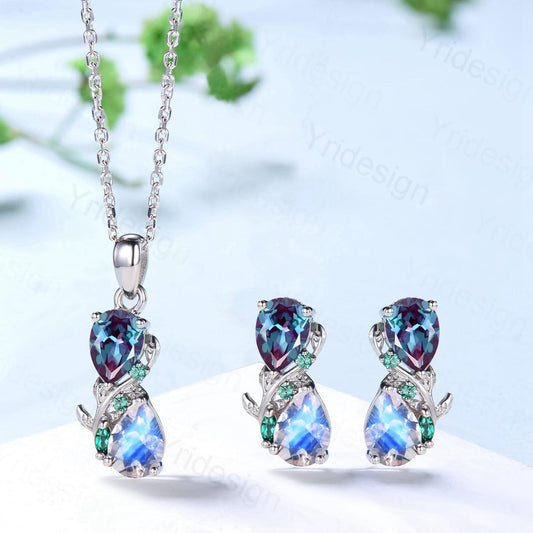 Nature Inspired Pear Shaped Alexandrite Moonstone Pendant Necklace Unique Emerald June Birthstone Stud Earrings Branch Snake Promise Gift - PENFINE