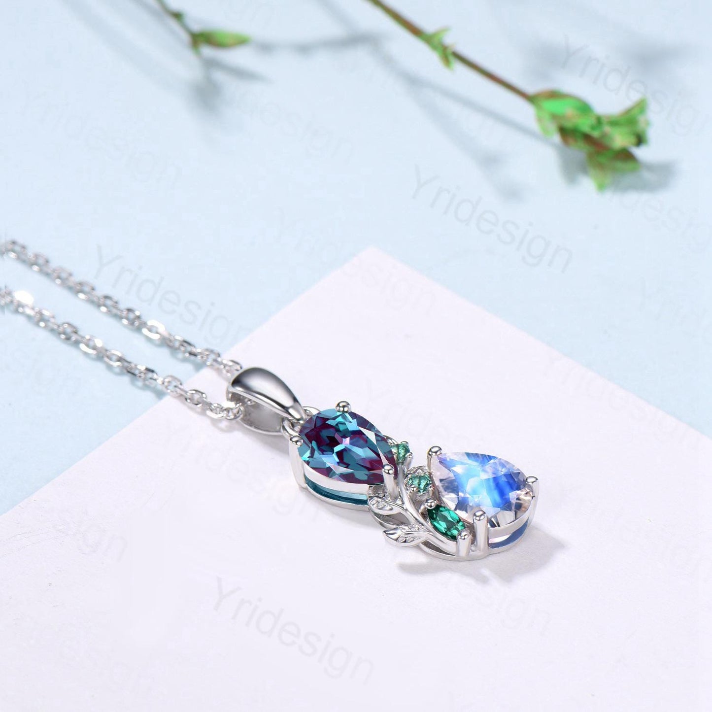 Nature Inspired Pear Shaped Alexandrite Moonstone Pendant Necklace Unique Emerald June Birthstone Stud Earrings Branch Snake Promise Gift - PENFINE