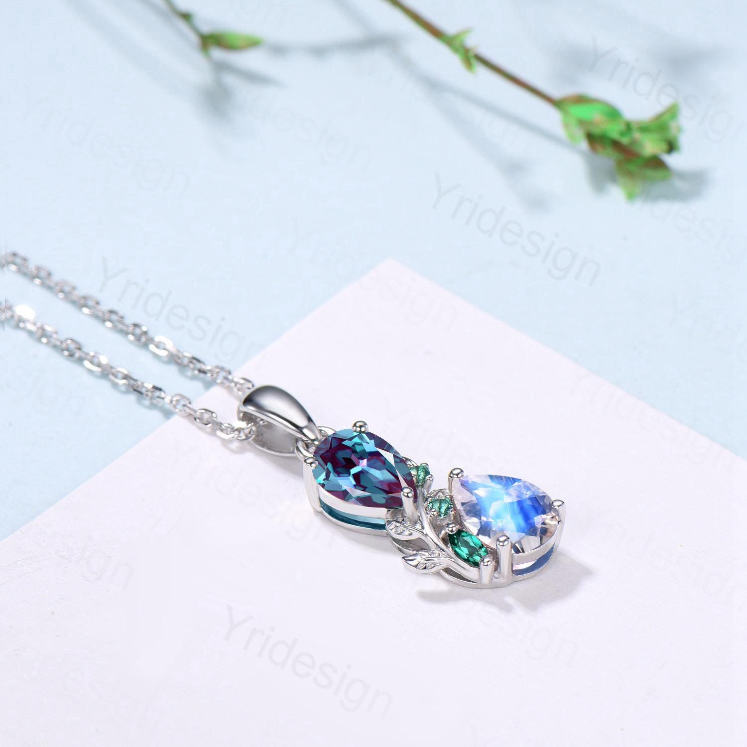 Nature Inspired Pear Shaped Alexandrite Moonstone Pendant Necklace Unique Emerald June Birthstone Stud Earrings Branch Snake Promise Gift - PENFINE