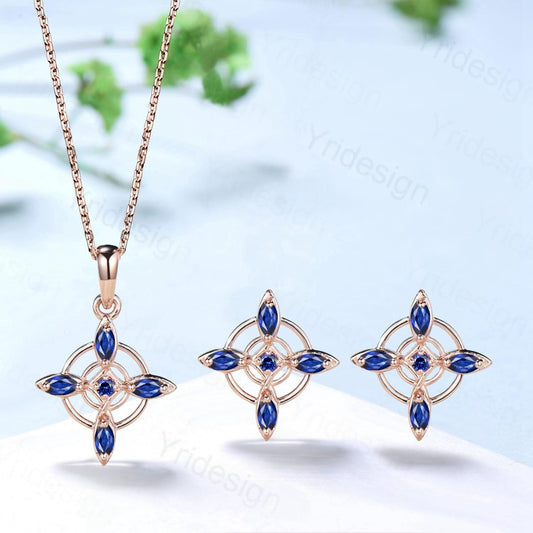 Unique Marquise Cut Blue Sapphire Necklace and Earring Double Loop September Stud Earring Silver Rose Gold Celtic Love Jewelry Wedding Sets - PENFINE