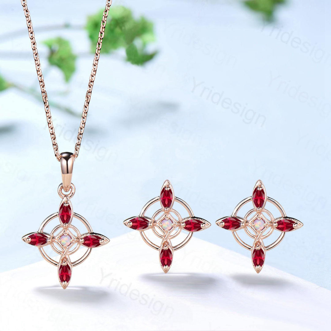 Unique Marquise Cut Red Ruby Necklace and Earring Double Loop July Birthstone Stud Earring Silver Rose Gold Celtic Love Jewelry Wedding Sets - PENFINE