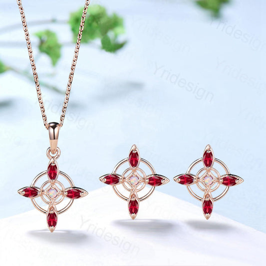 Unique Marquise Cut Red Ruby Necklace and Earring Double Loop July Birthstone Stud Earring Silver Rose Gold Celtic Love Jewelry Wedding Sets - PENFINE