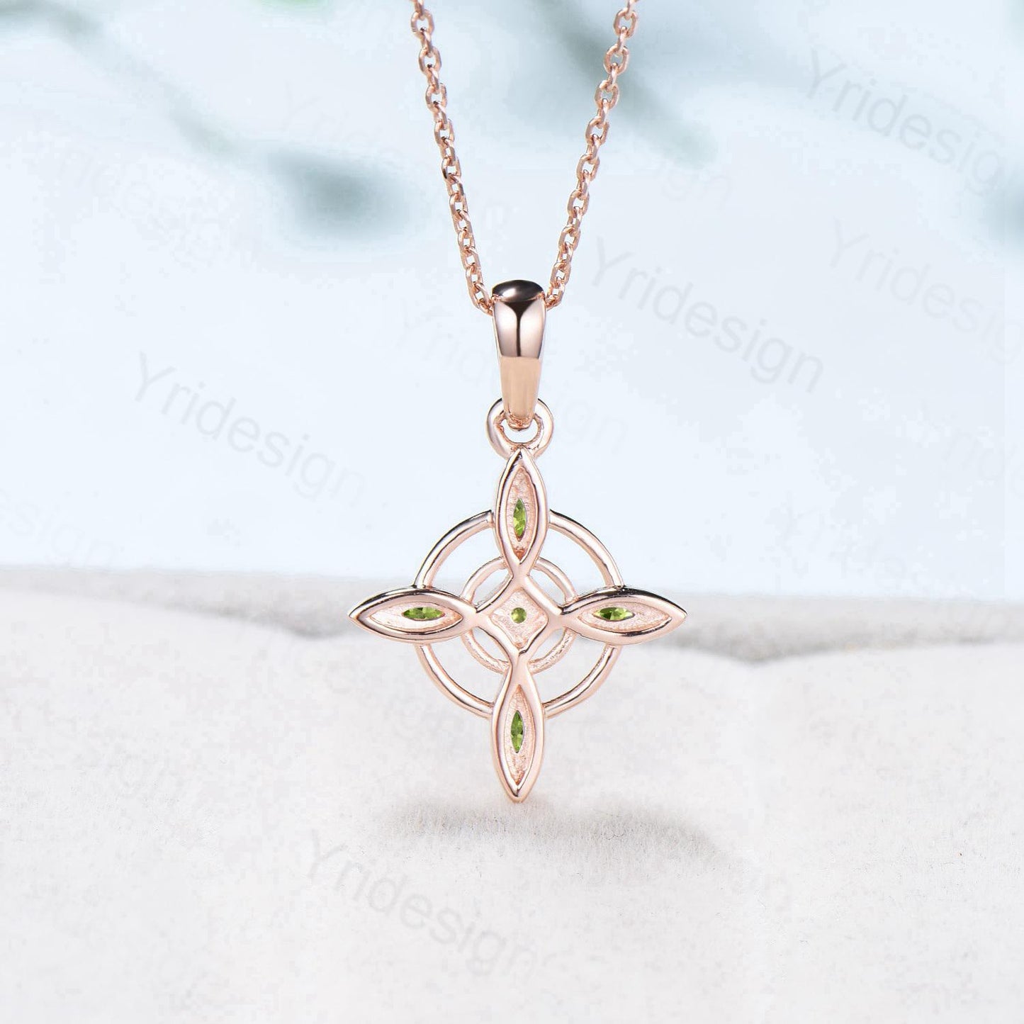 Unique Marquise Cut Natural Peridot Necklace and Stud Earring Double Loop August Pendant Silver Rose Gold Celtic Love Jewelry Wedding Sets - PENFINE