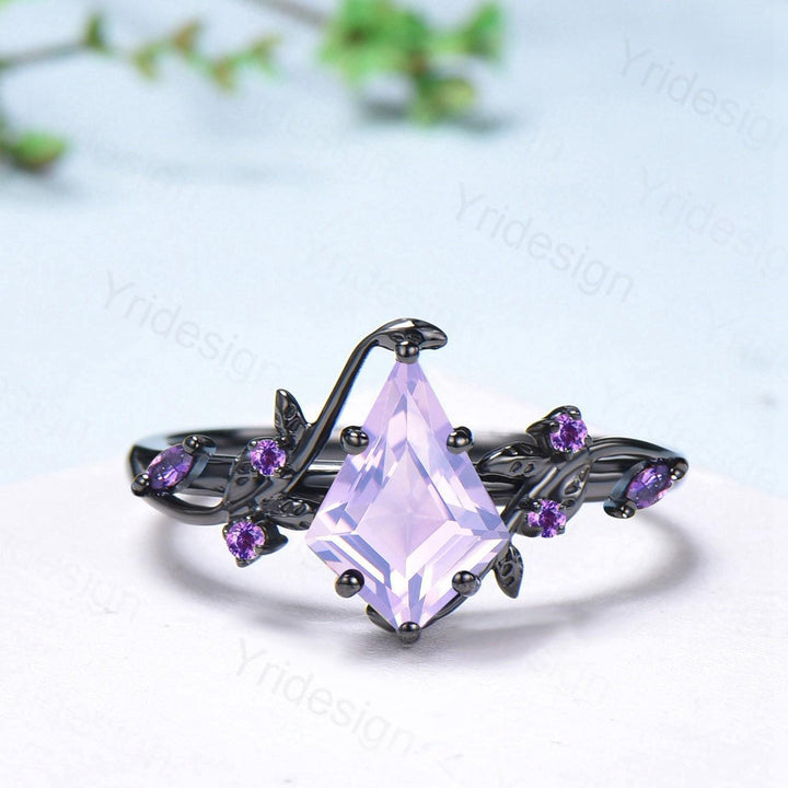 Unique Cage Leafy Lavender Amethyst Wedding Ring Set Nature Inspired Kite Cut Amethyst Engagement Ring Set Black Gold Knight 2Pcs Bridal Set - PENFINE