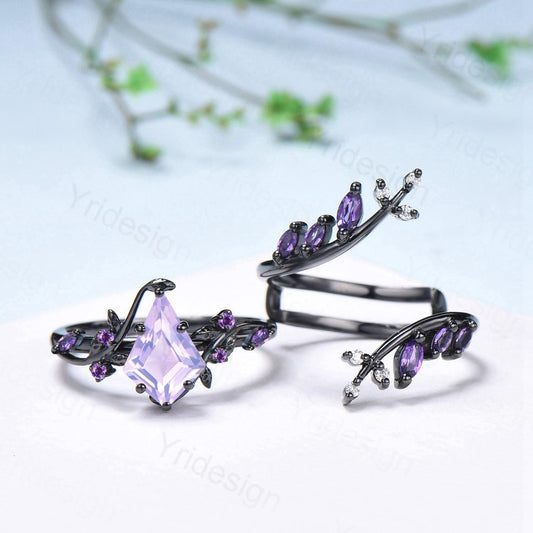 Unique Cage Leafy Lavender Amethyst Wedding Ring Set Nature Inspired Kite Cut Amethyst Engagement Ring Set Black Gold Knight 2Pcs Bridal Set - PENFINE