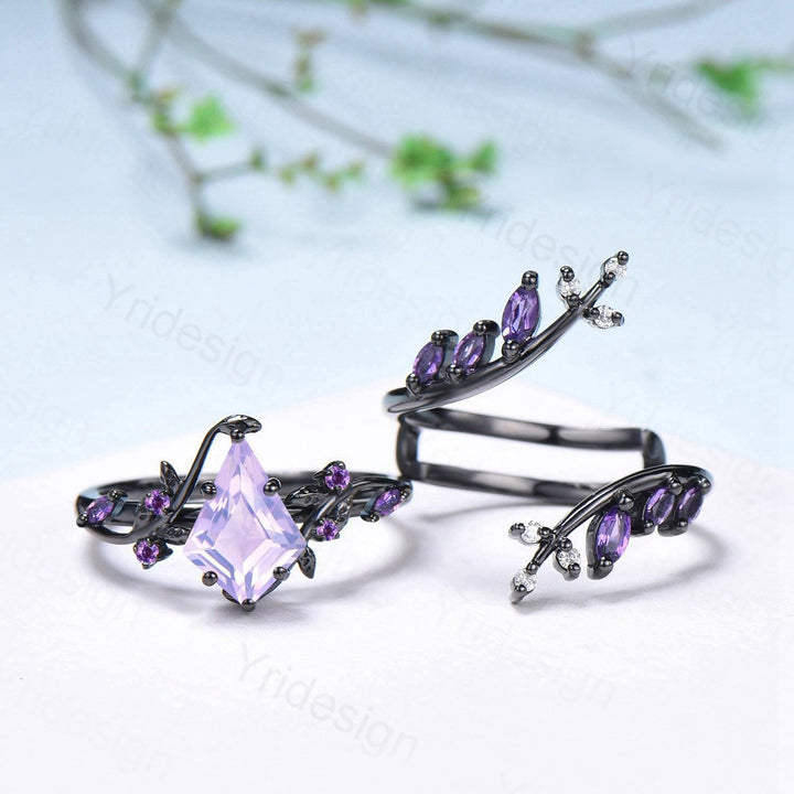 Unique Cage Leafy Lavender Amethyst Wedding Ring Set Nature Inspired Kite Cut Amethyst Engagement Ring Set Black Gold Knight 2Pcs Bridal Set - PENFINE