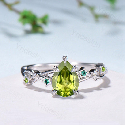 Vintage Peridot Engagement Ring Pear Shaped 14K White Gold Moon Star Emerald Wedding Ring August Birthstone Anniversary Promise Ring Gift - PENFINE