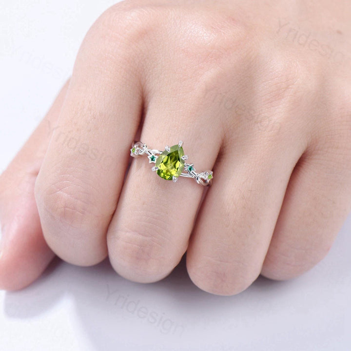 Vintage Peridot Engagement Ring Pear Shaped 14K White Gold Moon Star Emerald Wedding Ring August Birthstone Anniversary Promise Ring Gift - PENFINE