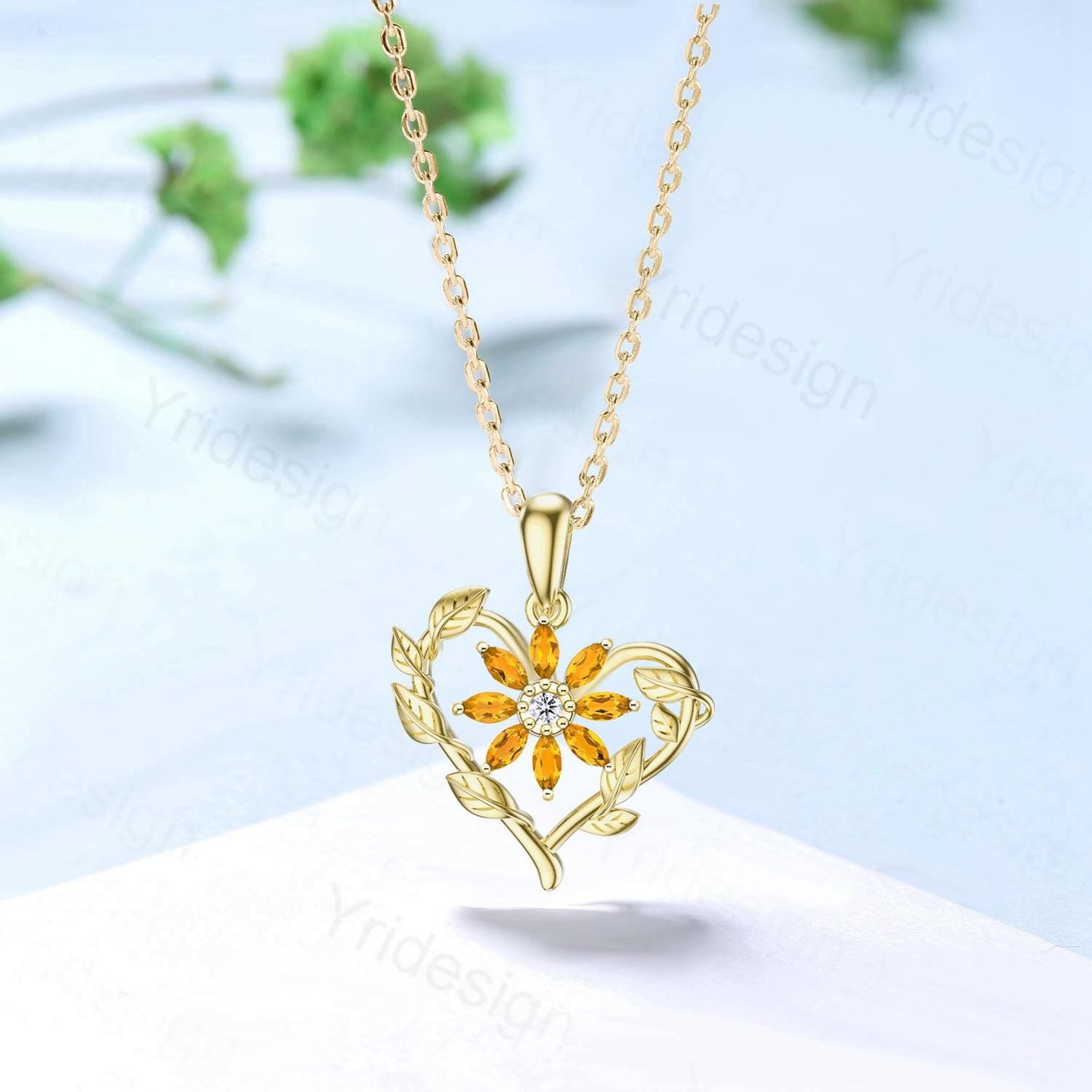 Unique Sunflower Citrine Necklace Elegant Natural Inspired Floral Necklace Pendant Leaf Vine Anniversary Gift Art Deco Silver Necklace Women - PENFINE