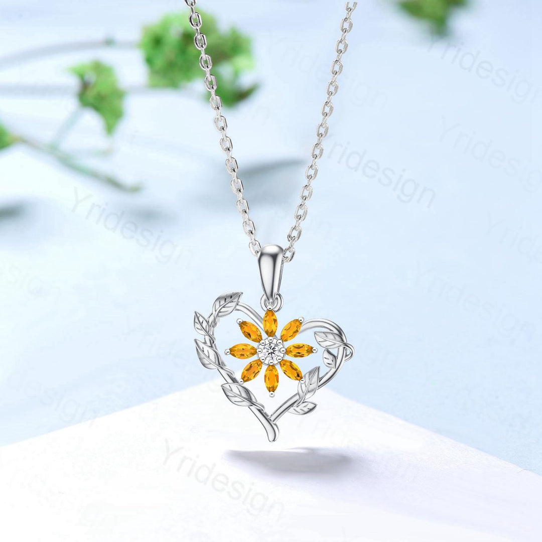 Unique Sunflower Citrine Necklace Elegant Natural Inspired Floral Necklace Pendant Leaf Vine Anniversary Gift Art Deco Silver Necklace Women - PENFINE