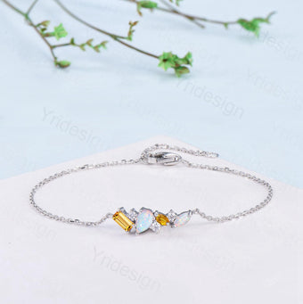 Elegant Teardrop White Opal Bracelet Multi-Stone Baguette Marquise Citrine Moissanite Lobster Claw Silver Bracelet Anniversary Promise Gift - PENFINE