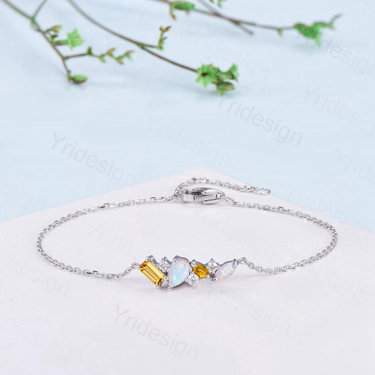 Elegant Teardrop White Opal Bracelet Multi-Stone Baguette Marquise Citrine Moissanite Lobster Claw Silver Bracelet Anniversary Promise Gift - PENFINE