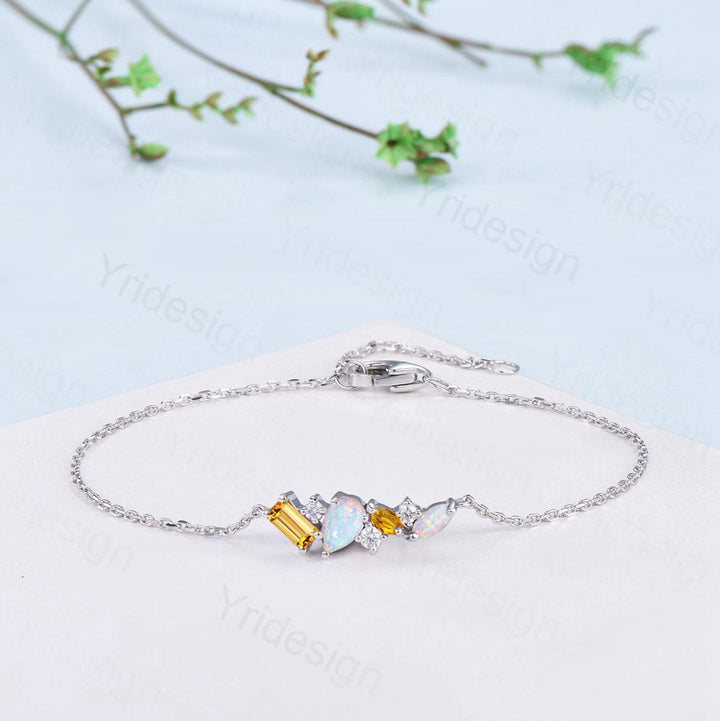 Elegant Teardrop White Opal Bracelet Multi-Stone Baguette Marquise Citrine Moissanite Lobster Claw Silver Bracelet Anniversary Promise Gift - PENFINE