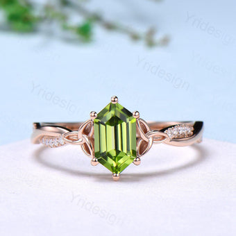 Elongated Hexagon Cut Peridot Diamond Engagement Ring Norse Viking Split Shank Wedding Ring August Birthstone Anniversary Promise Ring Gift - PENFINE