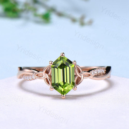 Elongated Hexagon Cut Peridot Diamond Engagement Ring Norse Viking Split Shank Wedding Ring August Birthstone Anniversary Promise Ring Gift - PENFINE