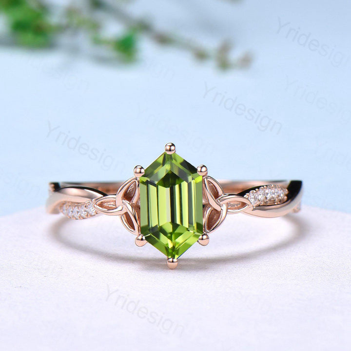 Elongated Hexagon Cut Peridot Diamond Engagement Ring Norse Viking Split Shank Wedding Ring August Birthstone Anniversary Promise Ring Gift - PENFINE