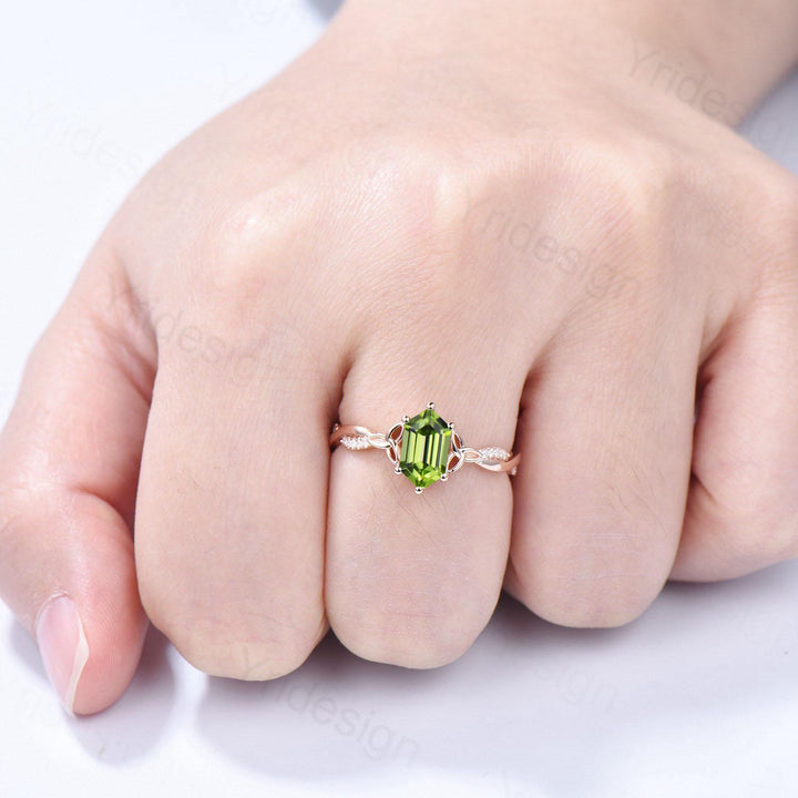 Elongated Hexagon Cut Peridot Diamond Engagement Ring Norse Viking Split Shank Wedding Ring August Birthstone Anniversary Promise Ring Gift - PENFINE
