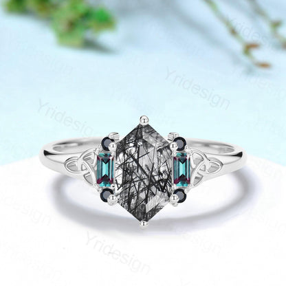 Unique Long Hexagon Cut Black Rutilated Quartz Ring Engagement Ring Norse Viking Cluster Baguette Alexandrite Wedding Ring Anniversary gifts - PENFINE