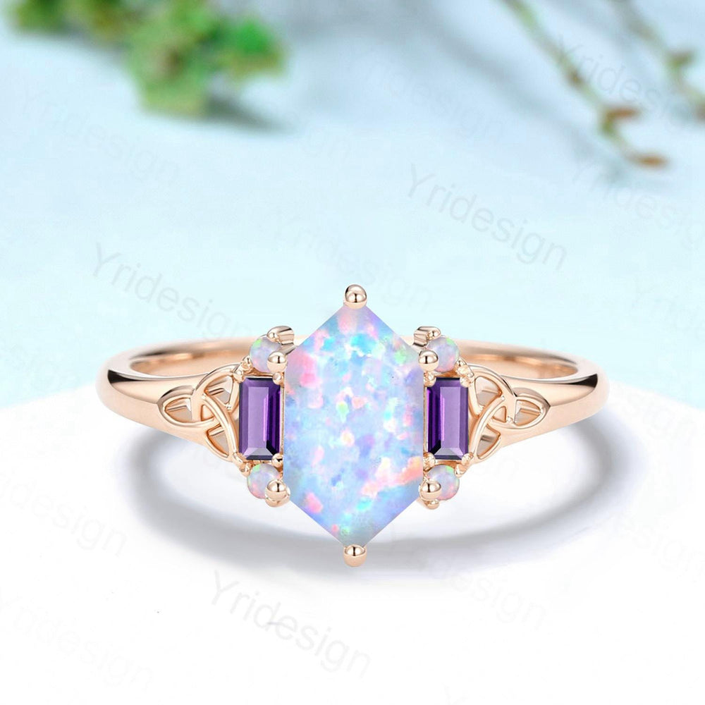 Unique Celtic Knot Long Hexagon Cut White Opal Engagement Ring Unique Norse Viking Cluster Baguette Amethyst Wedding Ring Anniversary gifts - PENFINE