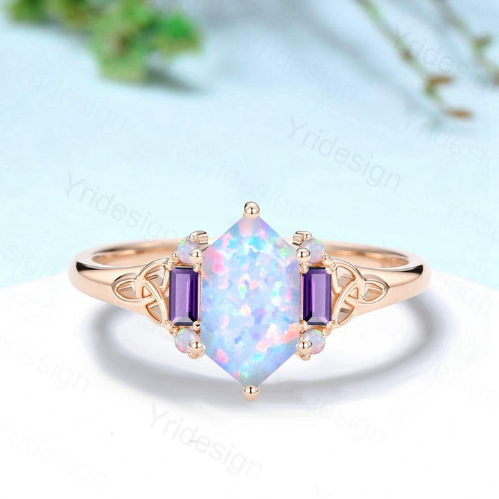 Unique Celtic Knot Long Hexagon Cut White Opal Engagement Ring Unique Norse Viking Cluster Baguette Amethyst Wedding Ring Anniversary gifts - PENFINE