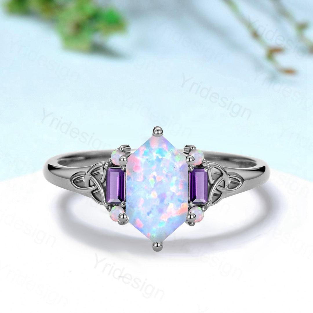 Unique Celtic Knot Long Hexagon Cut White Opal Engagement Ring Unique Norse Viking Cluster Baguette Amethyst Wedding Ring Anniversary gifts - PENFINE