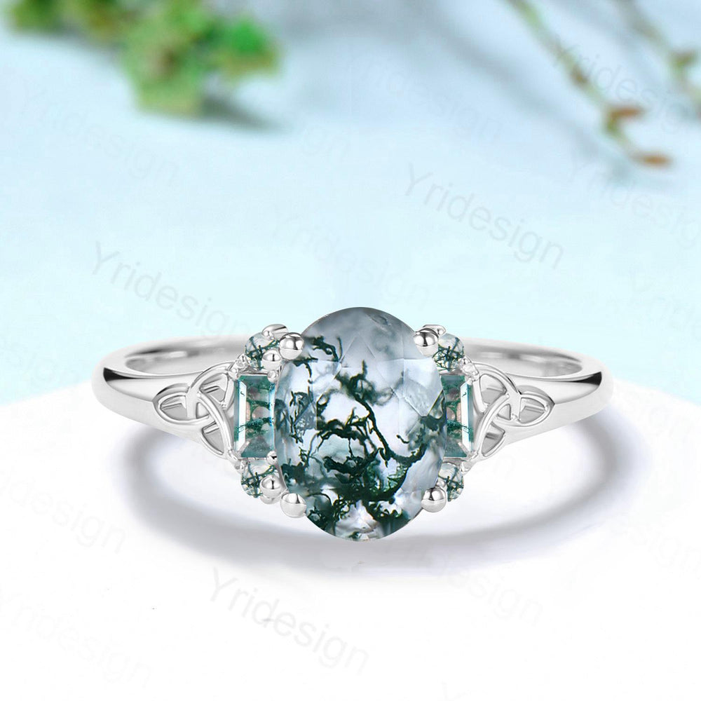 Unique Celtic Knot Oval Cut Natural Moss Agate Engagement Ring Unique Norse Viking Cluster Baguette Amethyst Wedding Ring Anniversary gifts - PENFINE